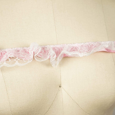 Ruffle Satin Trim Baby Pink Lace Overlay