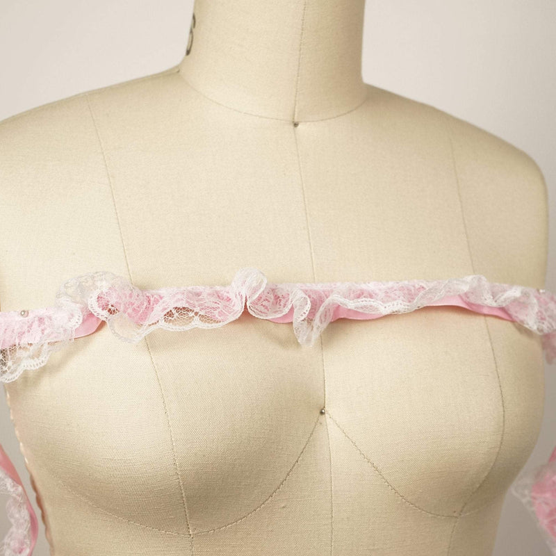 Ruffle Satin Trim Baby Pink Lace Overlay
