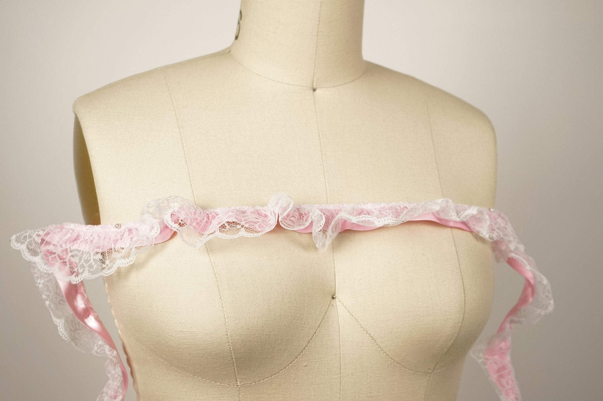 Ruffle Satin Trim Baby Pink Lace Overlay