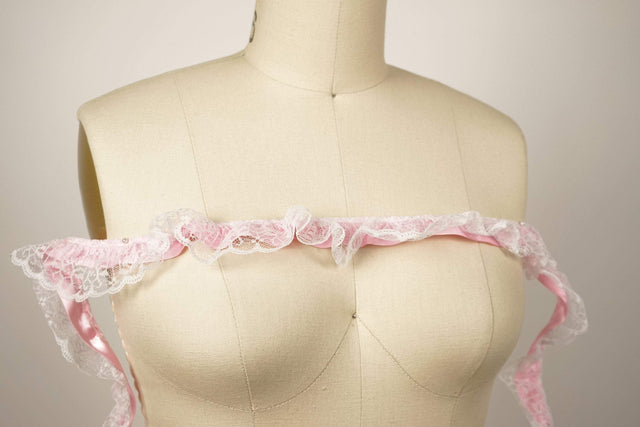 Ruffle Satin Trim Baby Pink Lace Overlay