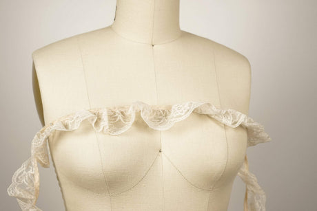 Ruffle Satin Trim Beige Lace Overlay