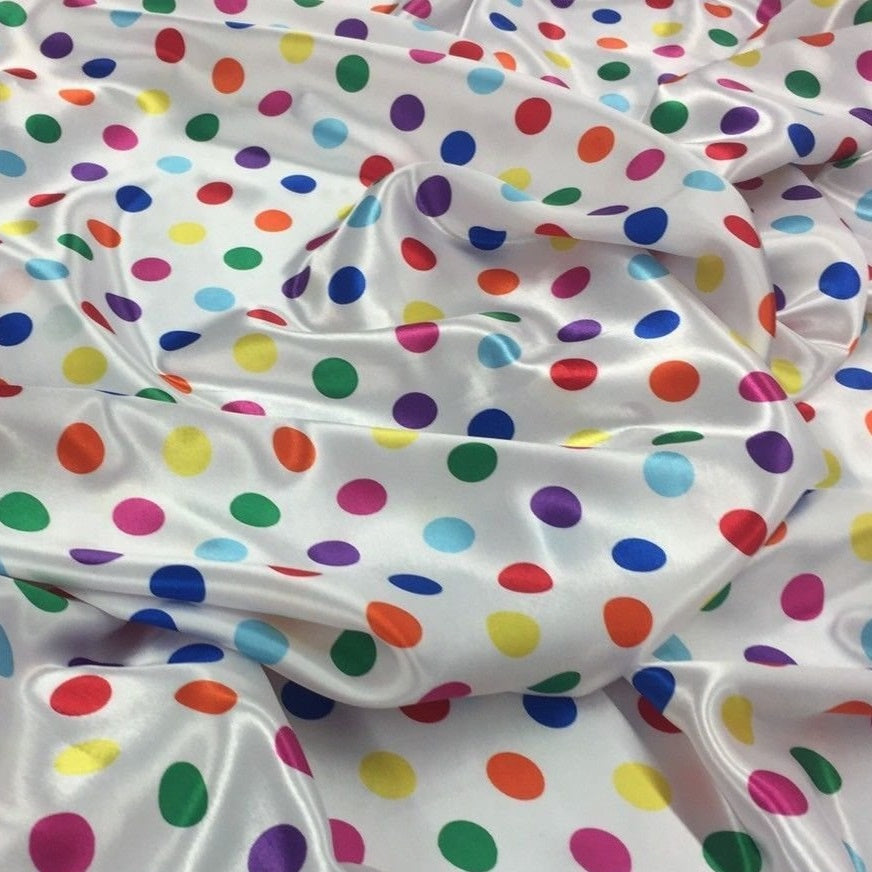 1/2″ half inch Multi Color Polka Dot on White Background Satin Fabric