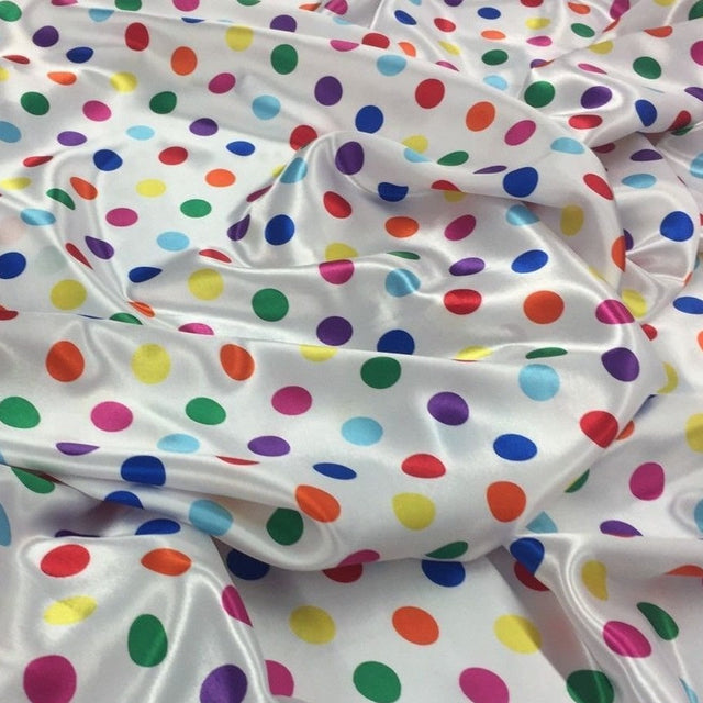 1/2″ half inch Multi Color Polka Dot on White Background Satin Fabric