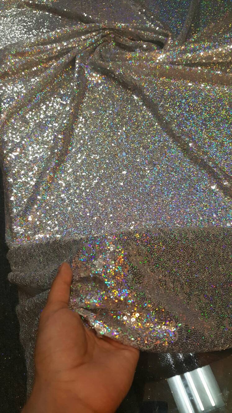 Sequin Mesh Fabric Silver Iridescent Hologram