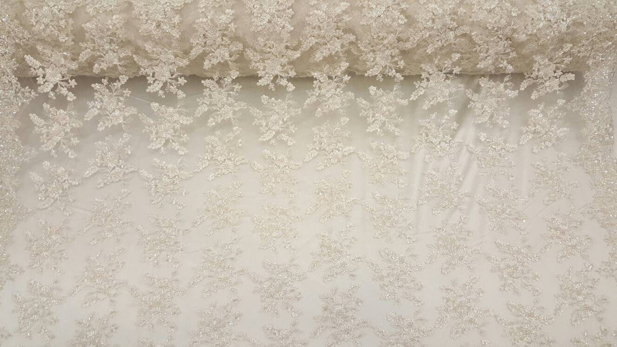 Beaded Bridal Lace Floral Embroidered Mesh Ivory