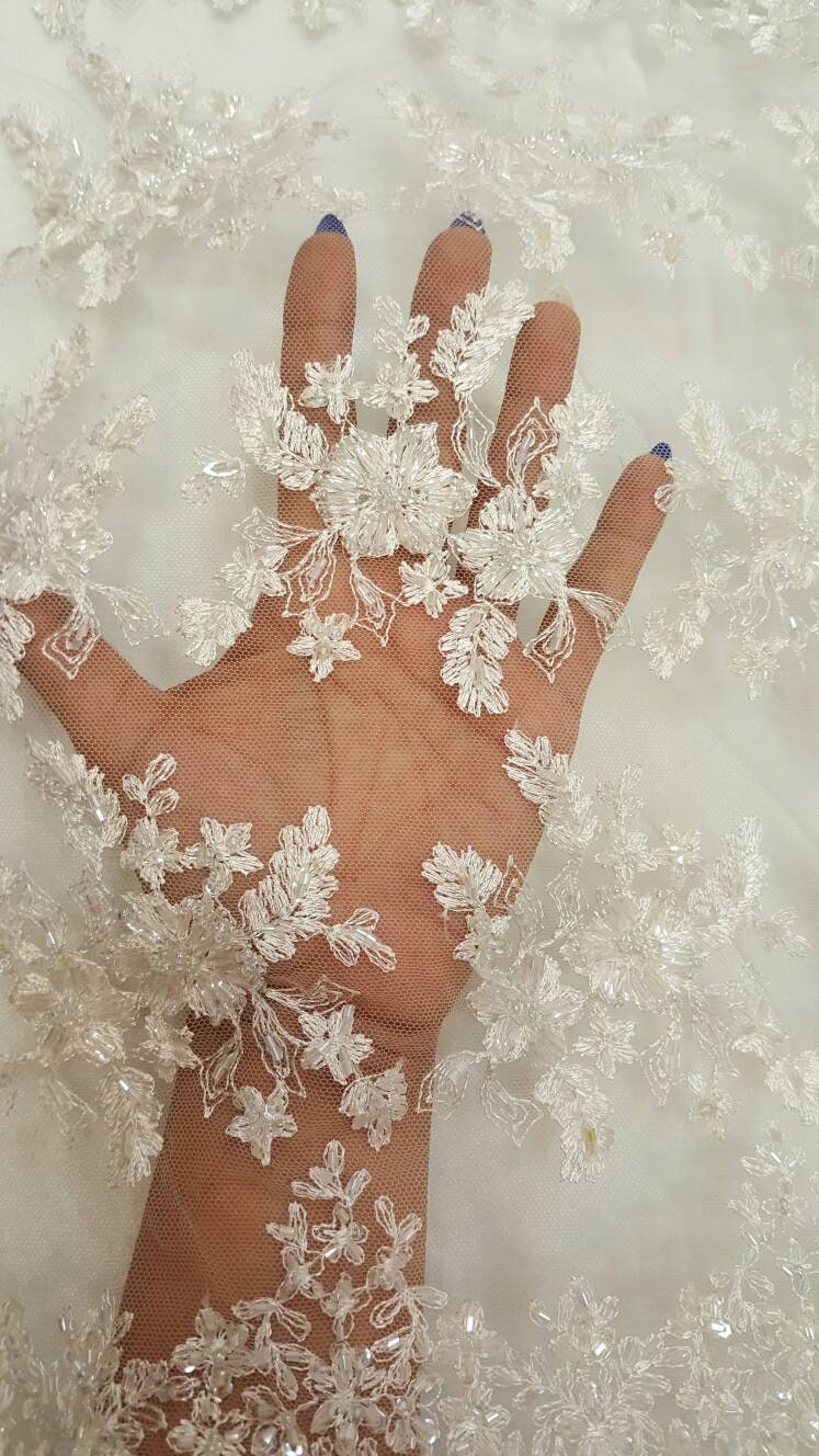 Beaded Bridal Lace Floral Embroidered Mesh Ivory