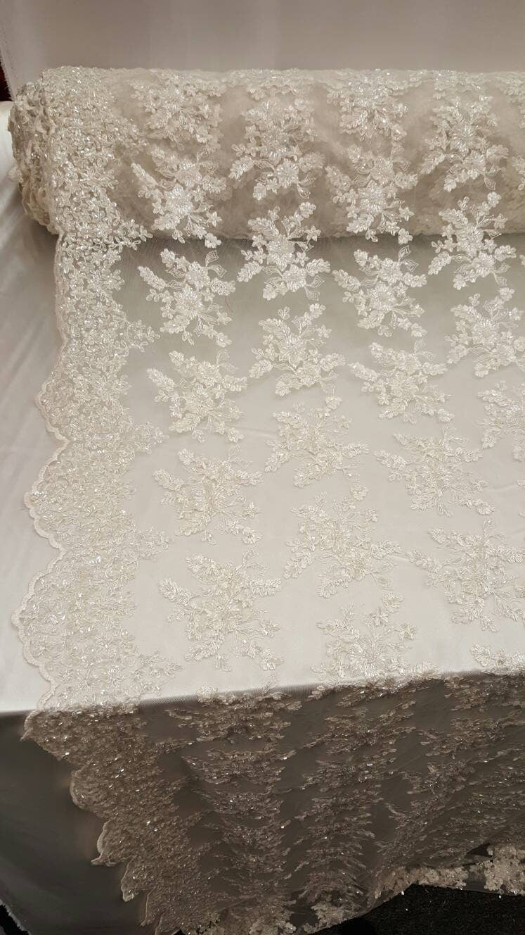Beaded Bridal Lace Floral Embroidered Mesh Ivory
