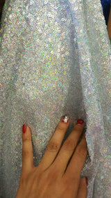 Sequin Mesh Fabric Silver Iridescent Hologram