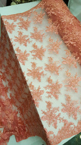 Embroidered Coral Lace Floral Flowers Gold Cord