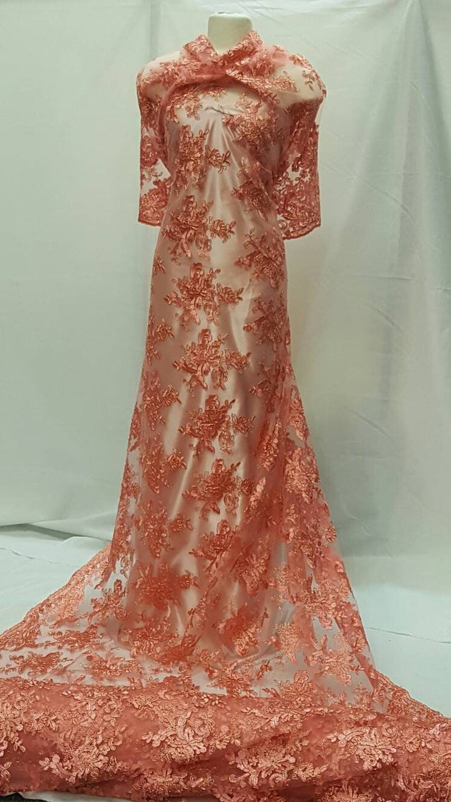 Embroidered Coral Lace Floral Flowers Gold Cord