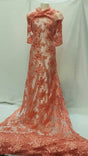 Embroidered Coral Lace Floral Flowers Gold Cord