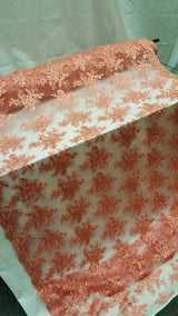 Embroidered Coral Lace Floral Flowers Gold Cord