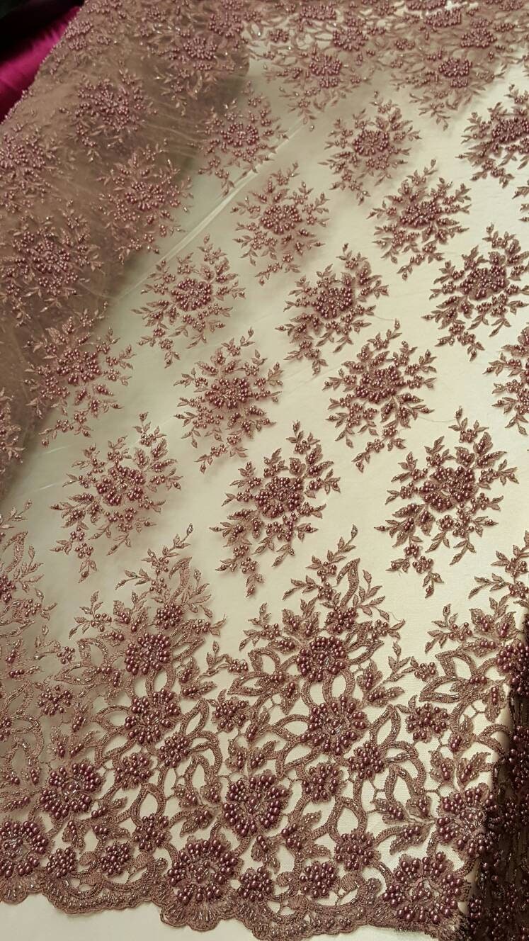 Beaded Lace Mauve Floral Pearl Mesh