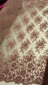 Beaded Lace Mauve Floral Pearl Mesh