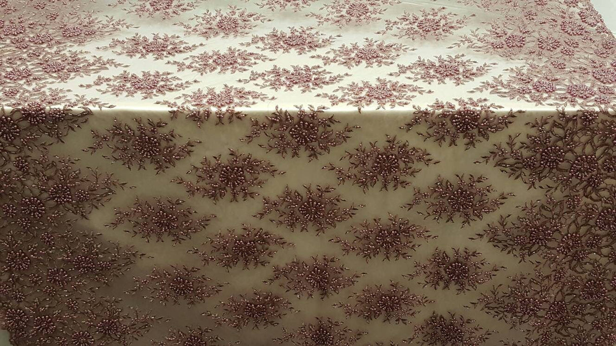 Beaded Lace Mauve Floral Pearl Mesh