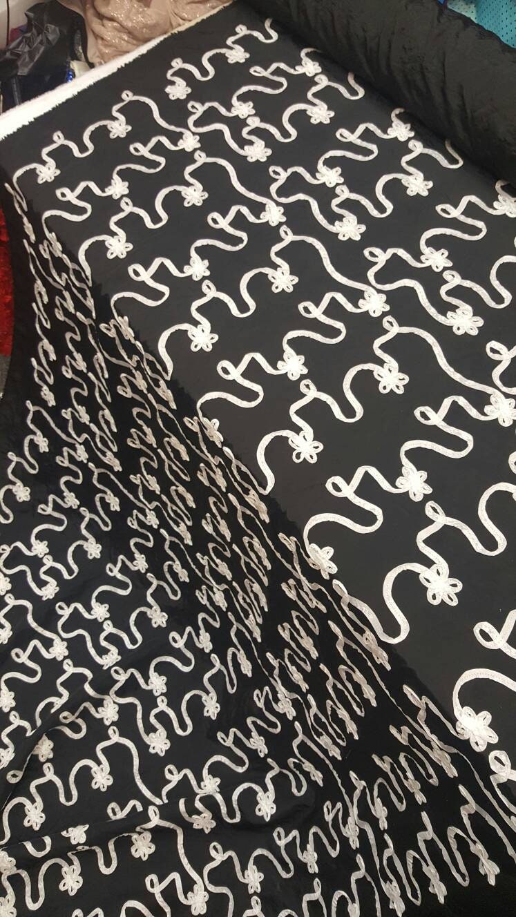 Embroidered Taffeta Black White Floral