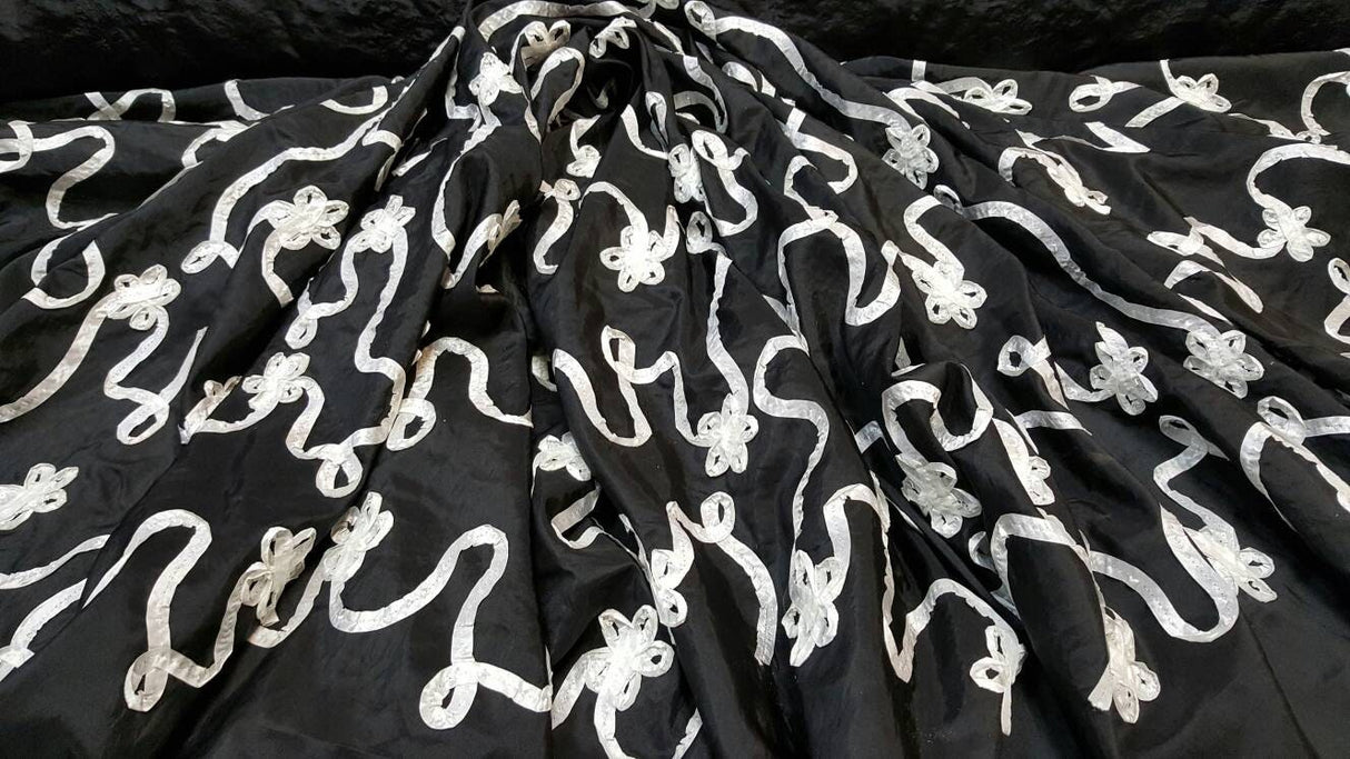 Embroidered Taffeta Black White Floral