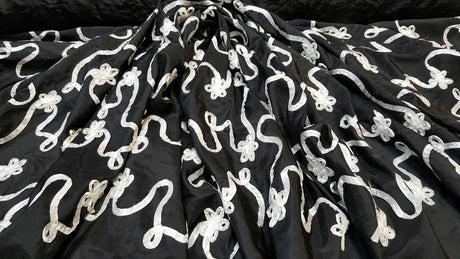 Embroidered Taffeta Black White Floral