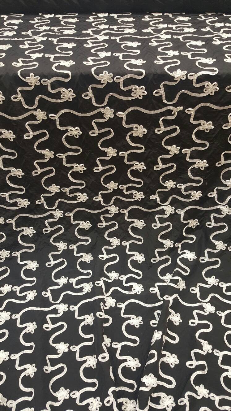 Embroidered Taffeta Black White Floral