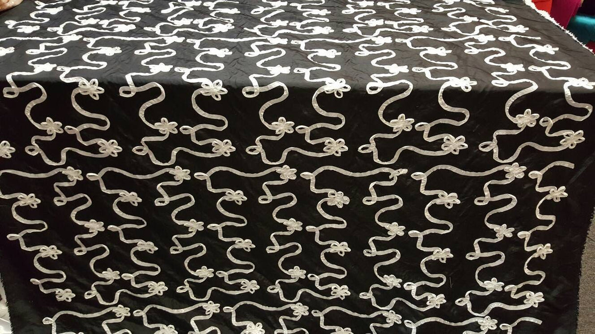 Embroidered Taffeta Black White Floral