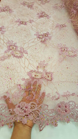 Hand Beaded Lace Mauve Floral Double Scalloped