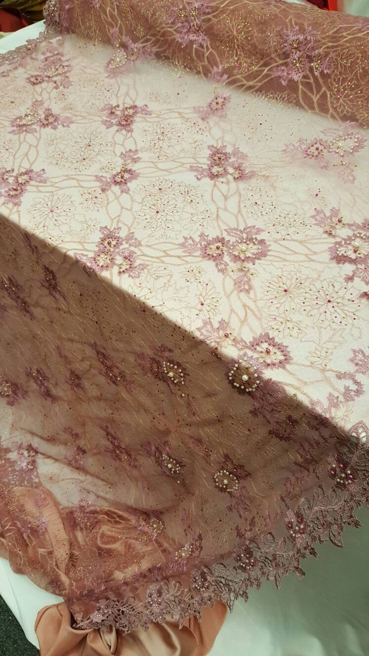 Hand Beaded Lace Mauve Floral Double Scalloped