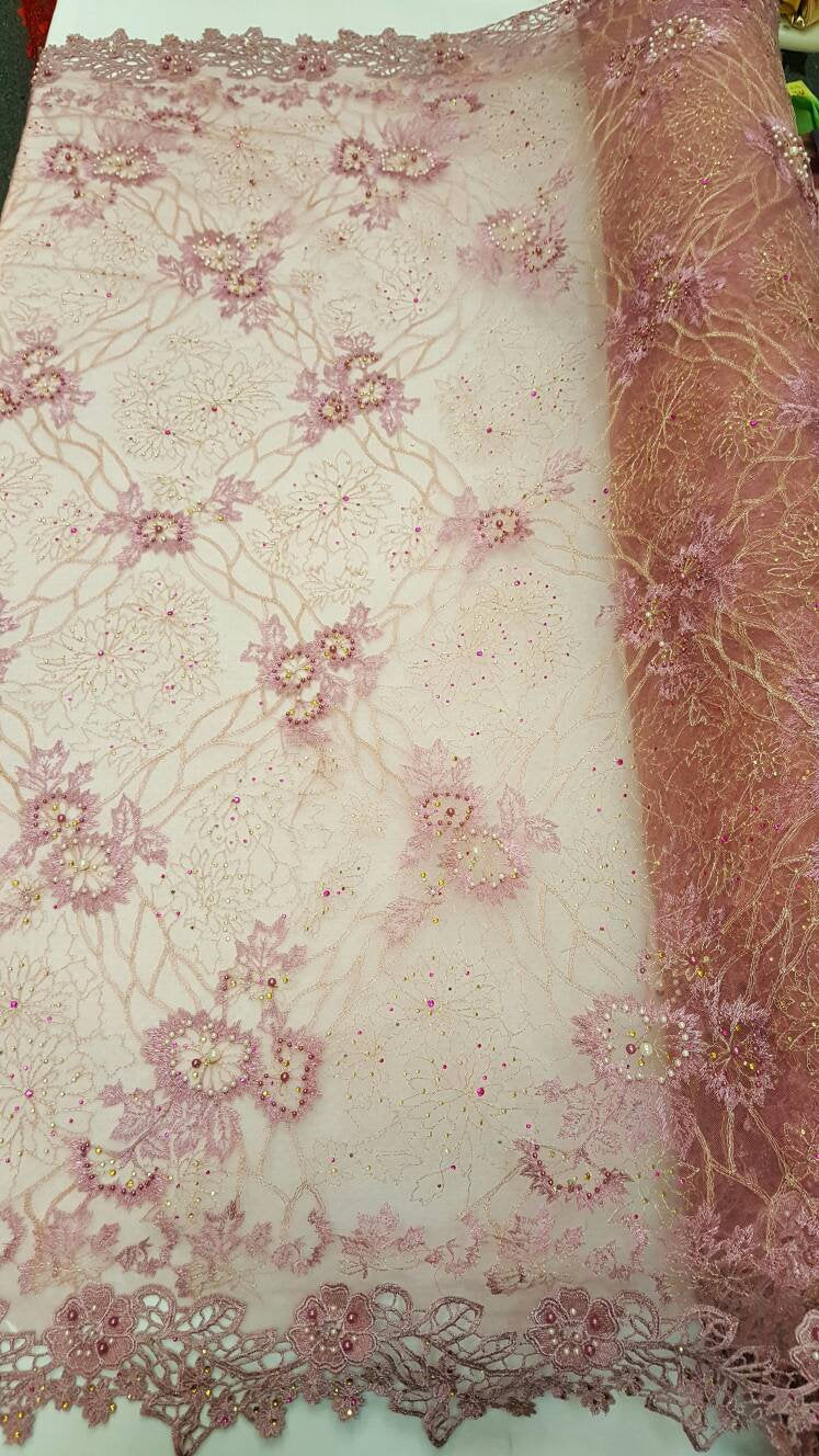 Hand Beaded Lace Mauve Floral Double Scalloped