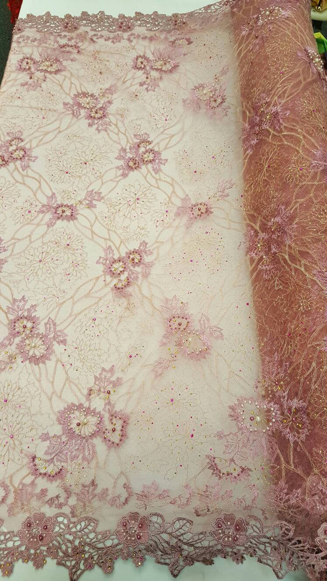 Hand Beaded Lace Mauve Floral Double Scalloped