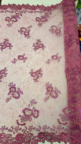 Beaded Lace Floral Magenta Mesh