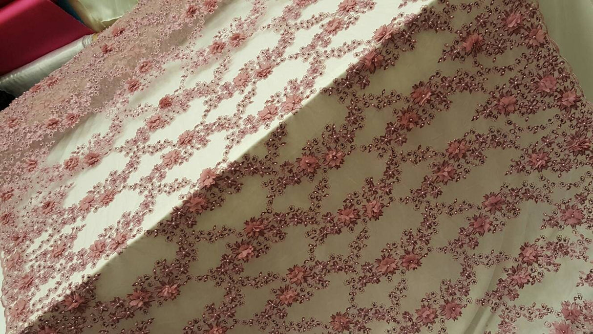 3D Floral Lace Mauve Pink Hand Beaded Embroidered