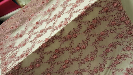 3D Floral Lace Mauve Pink Hand Beaded Embroidered
