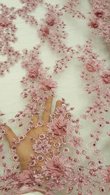 3D Floral Lace Mauve Pink Hand Beaded Embroidered