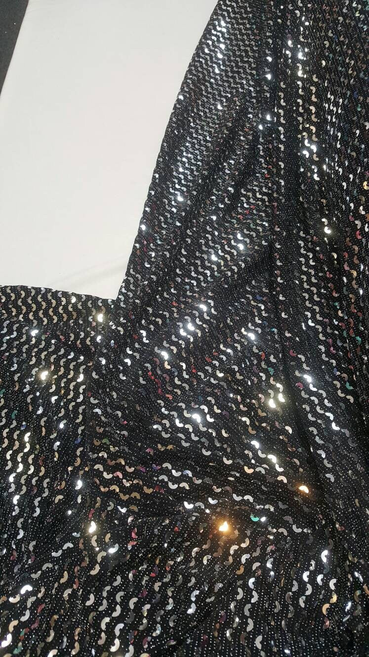 Silver Sequin Stretch Fabric on Black