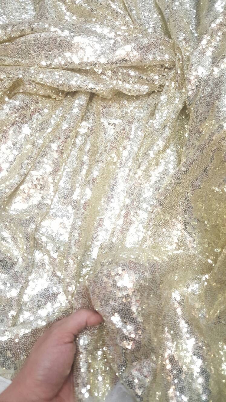 Sequin Mesh Stretch Fabric Light Gold on White