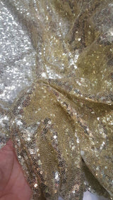 Sequin Mesh Stretch Fabric Light Gold on White