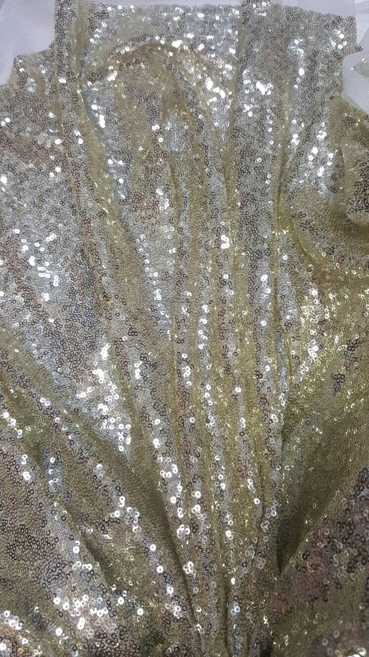 Sequin Mesh Stretch Fabric Light Gold on White