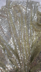 Sequin Mesh Stretch Fabric Light Gold on White