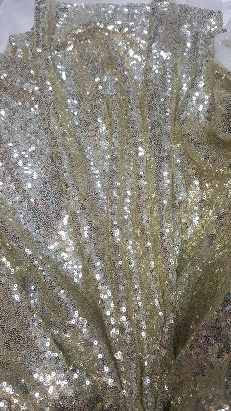 Sequin Mesh Stretch Fabric Light Gold on White