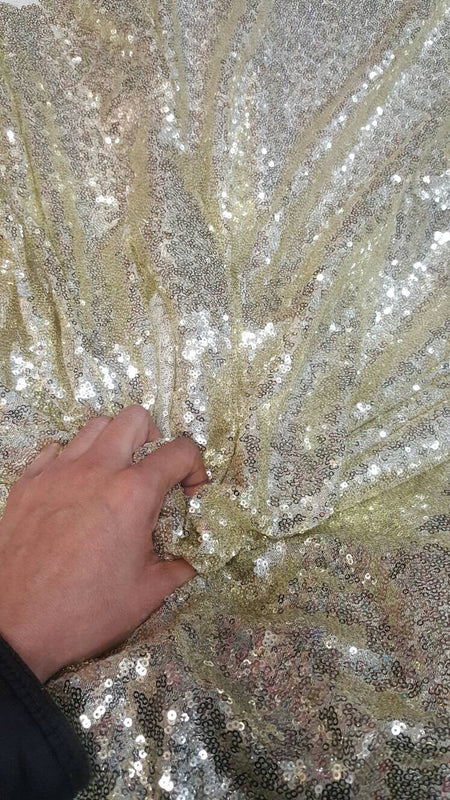 Sequin Mesh Stretch Fabric Light Gold on White