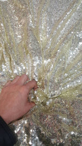 Sequin Mesh Stretch Fabric Light Gold on White