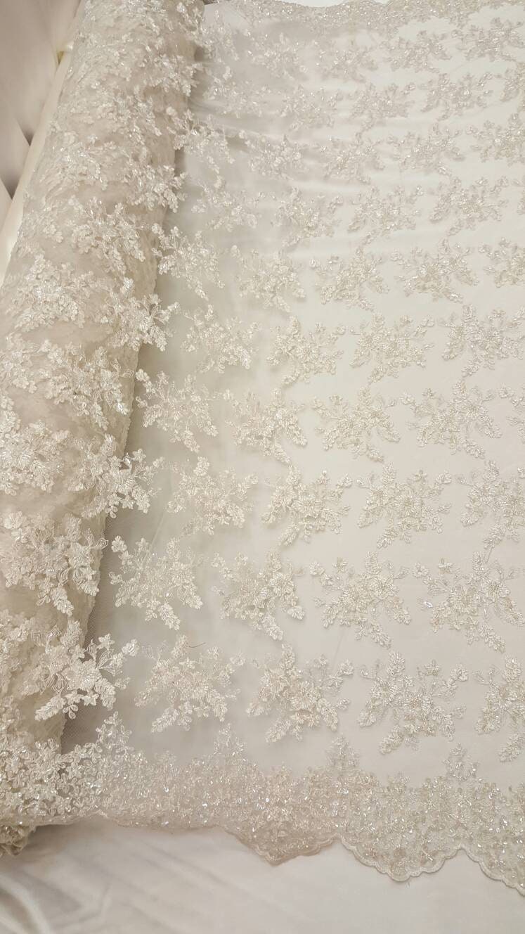 Beaded Bridal Lace Floral Embroidered Mesh Ivory