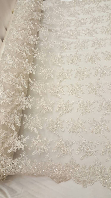 Beaded Bridal Lace Floral Embroidered Mesh Ivory
