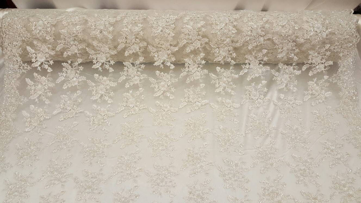 Beaded Bridal Lace Floral Embroidered Mesh Ivory