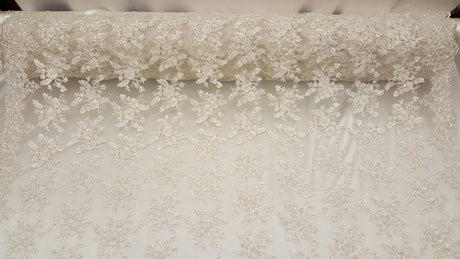 Beaded Bridal Lace Floral Embroidered Mesh Ivory