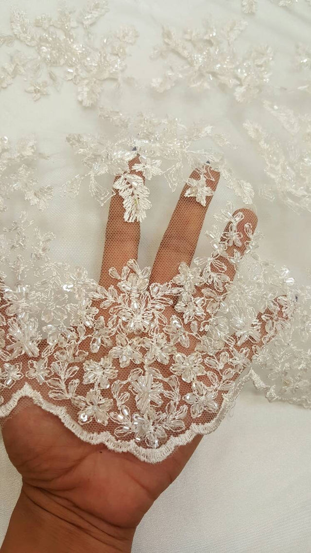 Beaded Bridal Lace Floral Embroidered Mesh Ivory