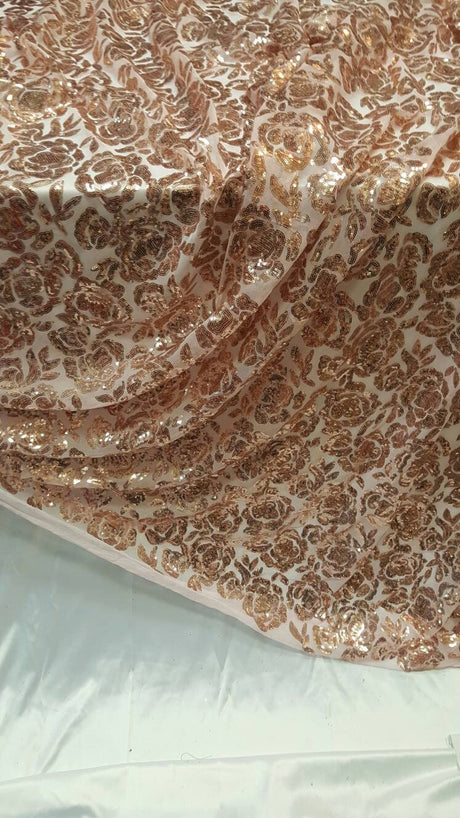Sequin Lace Fabric on Blush Mesh