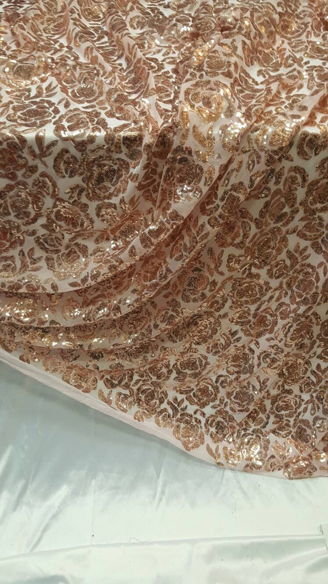 Sequin Lace Fabric on Blush Mesh