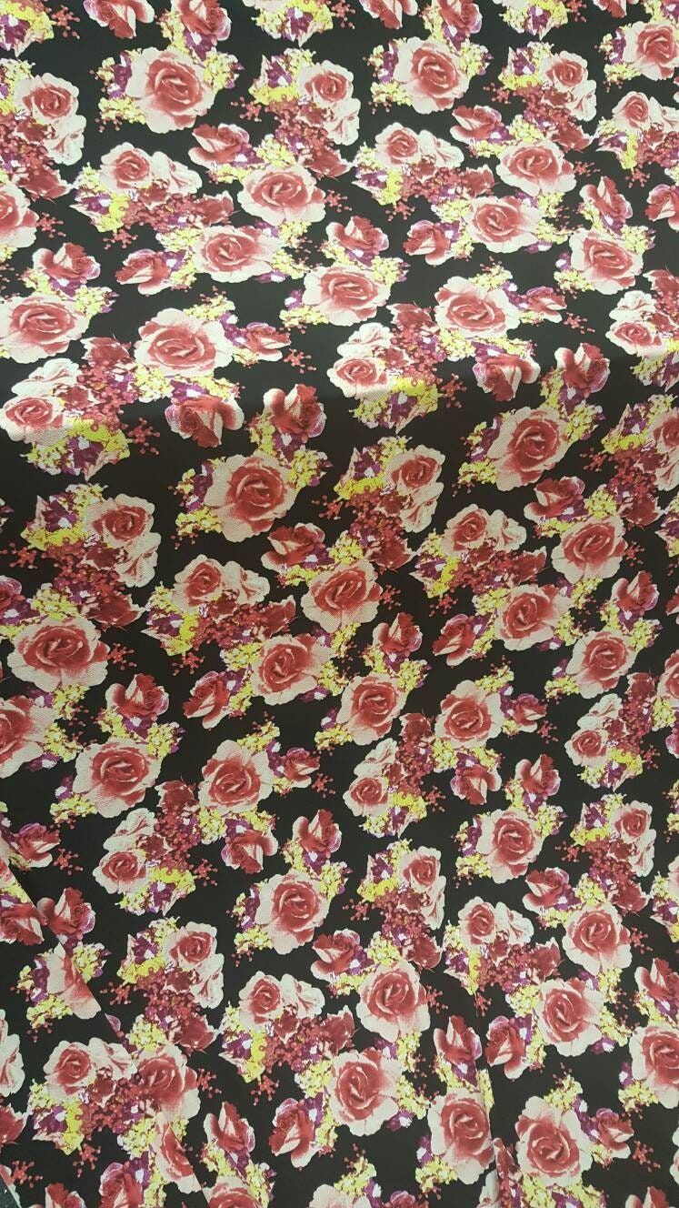 Stretch Liverpool Floral Fabric Black Pink Yellow