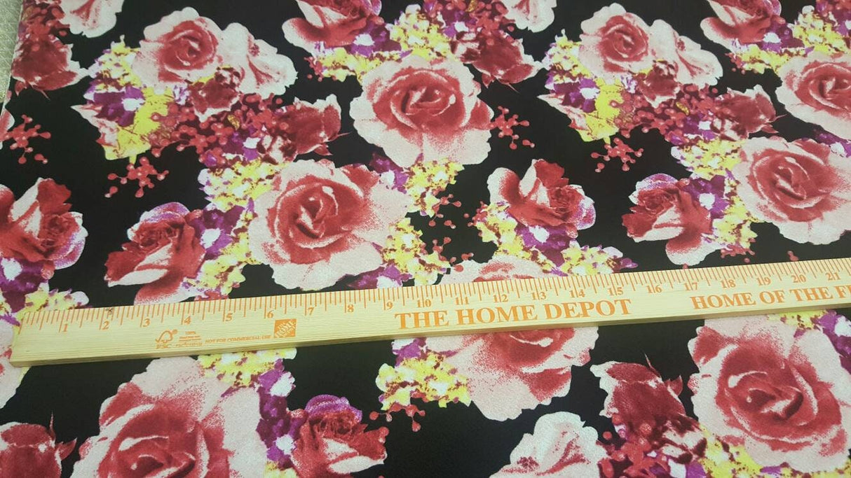 Stretch Liverpool Floral Fabric Black Pink Yellow