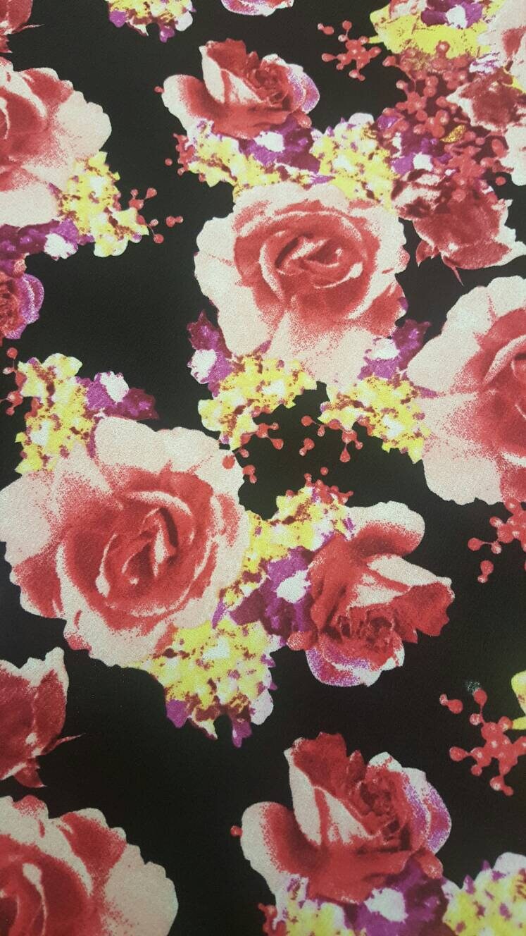 Stretch Liverpool Floral Fabric Black Pink Yellow